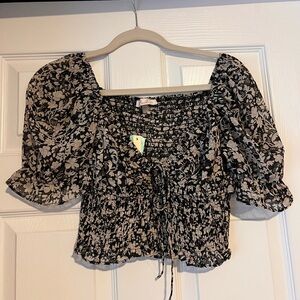 Blush Black and White Floral Smocked Blouse
